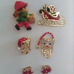 4 Christmas Pins and a Clip-On Pair of Earrings